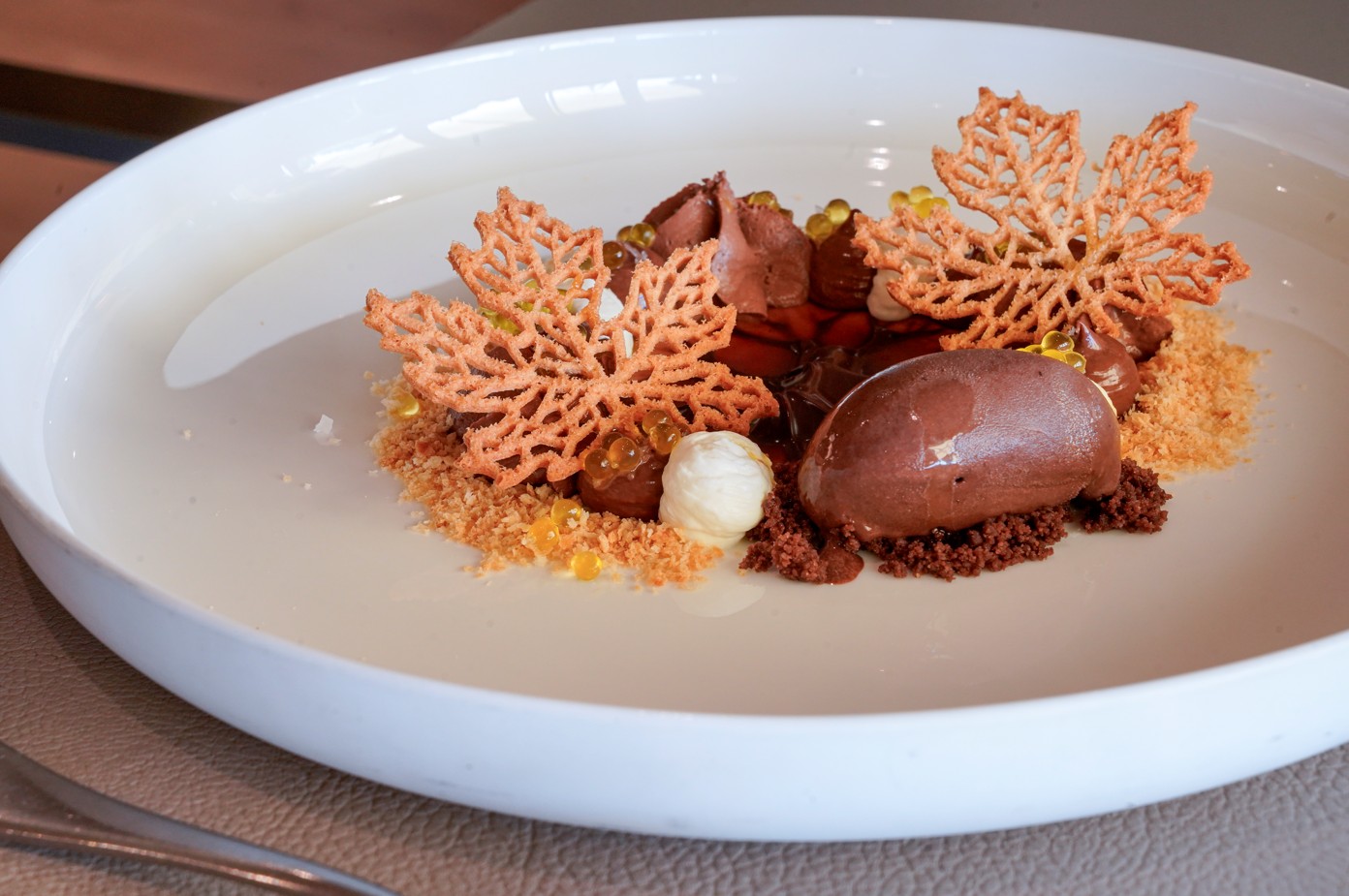 CREMA DE PIELES DE CACAO, bizcocho de chocolate, toffee y su helado